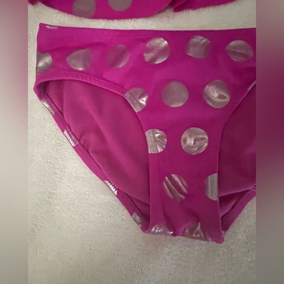 Girls size 7 Justice bright pink with silver colored circles racer back bikini - Picture 5 of 11